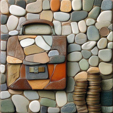 A briefcase with coins stacked beside it representing business success