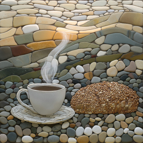 A steaming coffee cup beside a loaf of bread evoking warmth and comfort