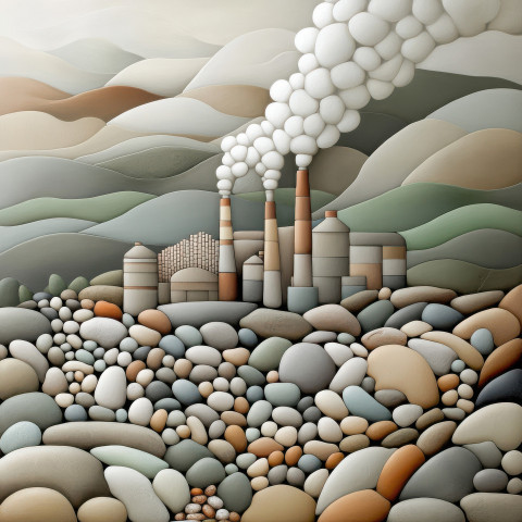 A factory with puffs of smoke rising gently showing industrial activity