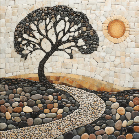 A tree with a winding path under the sun symbolizing journey and growth