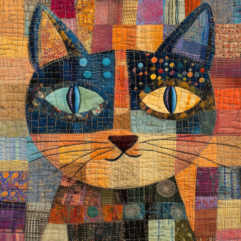 A patchwork cat with stitched button eyes sits with a cozy patchwork quilt texture