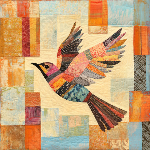 A quilted bird with patterned wings mid flight