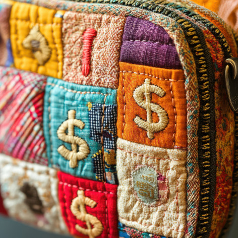 A fabric coin purse with stitched dollar signs