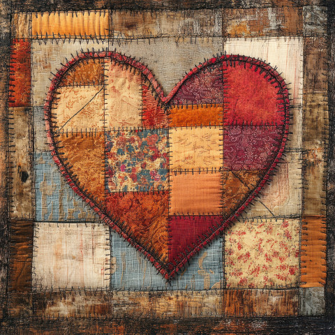 A heart sewn together with visible fabric patches