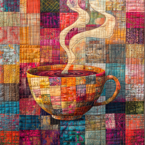 A steaming teacup with quilted steam swirls