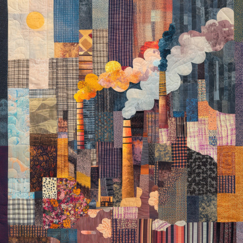 A patchwork factory with patterned smoke puffs rising