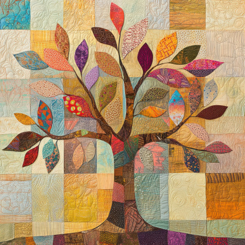 A patchwork tree with stitched leaves swaying gently