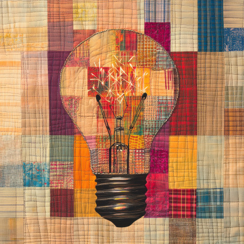 A quilted light bulb with fabric sparks