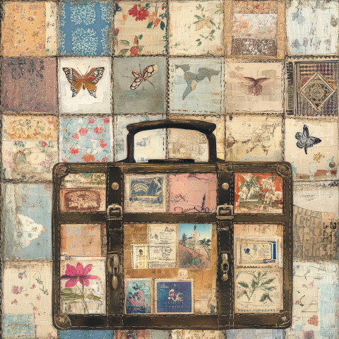 A stitched suitcase with patchwork world stamps