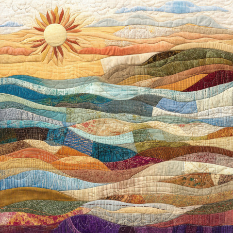 A patchwork shoreline with stitched waves and a sun