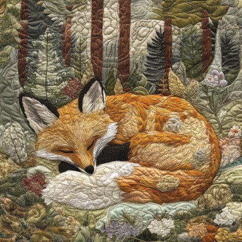 Sleeping fox curled in a forest glade nestled within a quilted bedspread