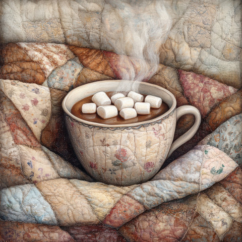 Steaming cup of cocoa with marshmallows melting on top