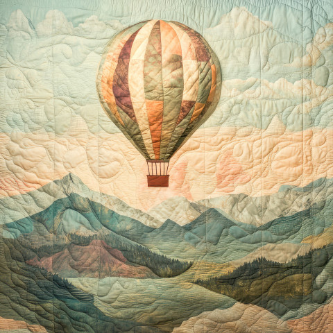 Hot air balloon drifting over mountains floating high above the clouds