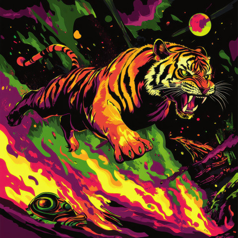 A fierce tiger leaps through roaring flames muscles tense