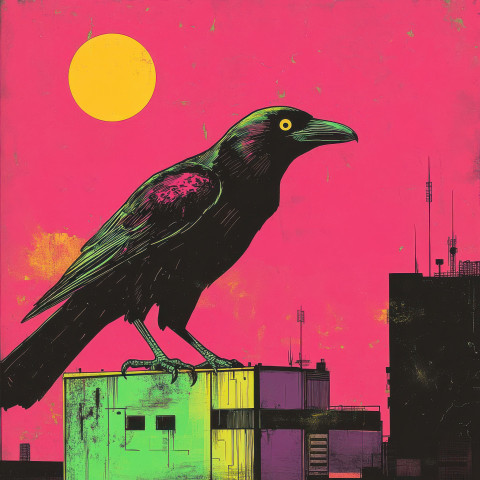 A black raven perches on a neon-lit rooftop glowing lights reflecting off its dark feathers