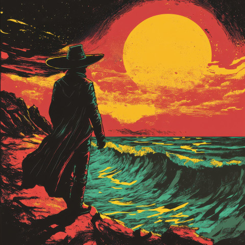 A lone detective stands at the shore watching waves crash under a golden sunset