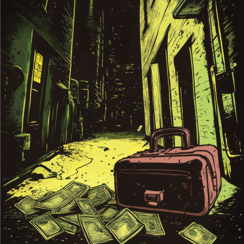 A briefcase spills cash in a dark alley scattered bills caught in the dim glow of a flickering streetlight