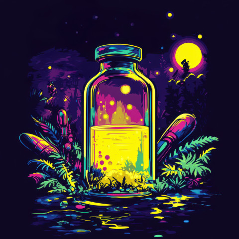 A mysterious serum glows in a glass vial casting eerie light in the shadows