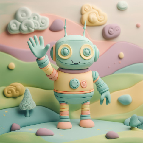 Small robot waving hello friendly expression and metallic details giving it a futuristic charm