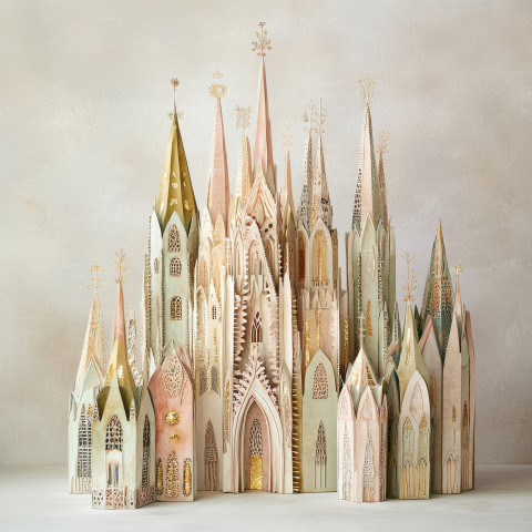 A gothic cathedral with intricate spires carefully sculpted from papier mache