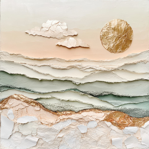 A sun-kissed shore with gentle waves crashing made from papier mache