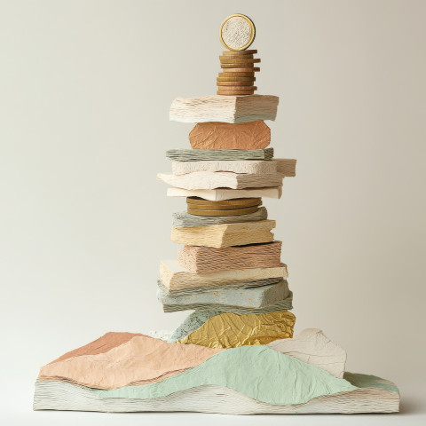 A stack of coins with a rising graph designed from papier mache