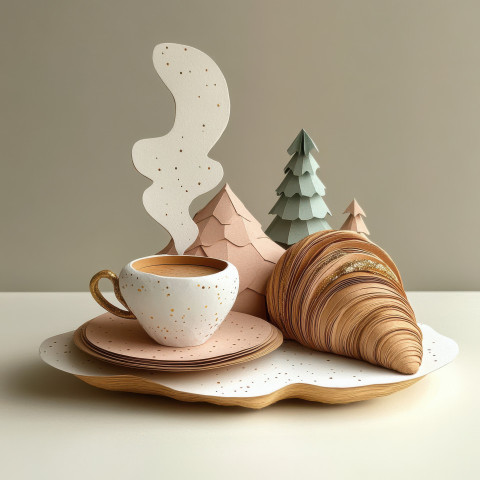 A steaming cup of coffee and a croissant artistically shaped from papier mache