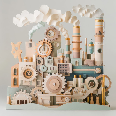 A smoky factory with gears and pipes skillfully sculpted from papier mache