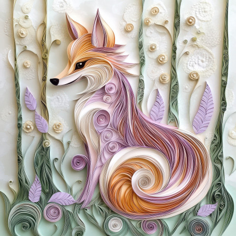 Playful fox with swirled fur in a forest crafted in paper quilling art