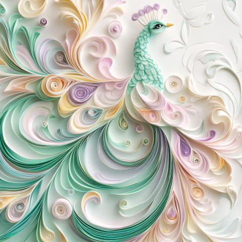 Vibrant peacock with flowing curled feathers designed in quilling art