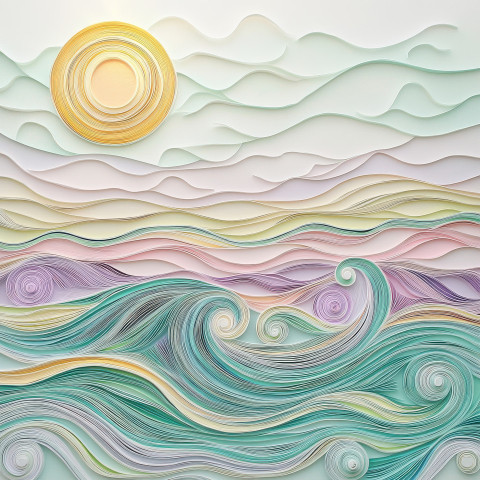 Waves curling over a sandy shore under a bright sun formed in paper quilling art