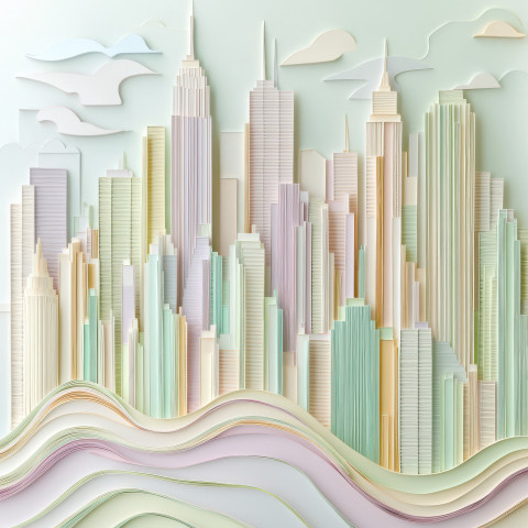 Modern office skyline with quilled financial charts