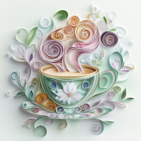 Steaming cup of coffee with elegant paper quilling spirals