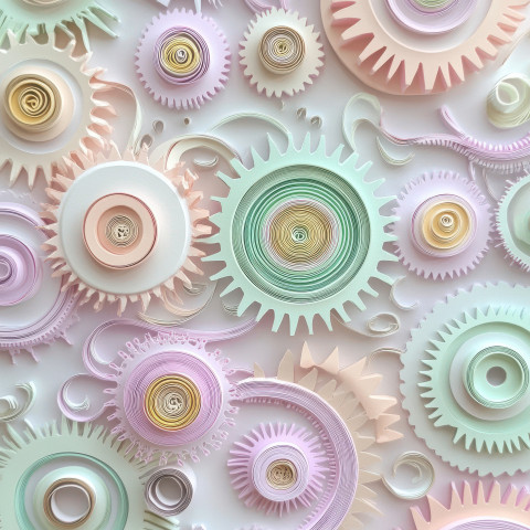 Interlocking gears forming a dynamic spiraled pattern in quilling art