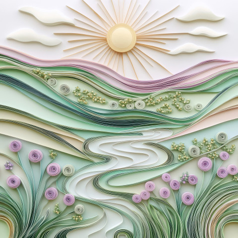 Rolling hills with winding rivers and sun rays crafted in quilling art