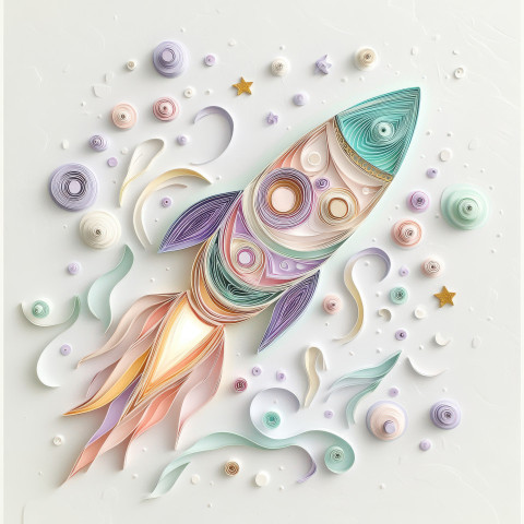 Quilled rocket soaring toward the stars in paper quilling art