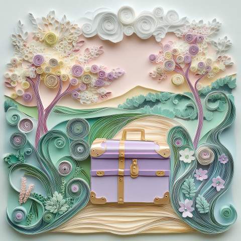 Quilled suitcase with a winding road leading to adventure