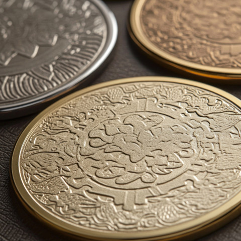 Embossed gold coin symbolizing prosperity and wealth shining with intricate details