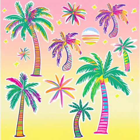 Tropical palm tree decal with warm sunset hues evoking a relaxing beach vibe