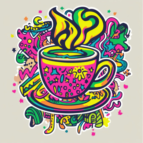 Steaming coffee cup decal in artistic style representing warmth and energy