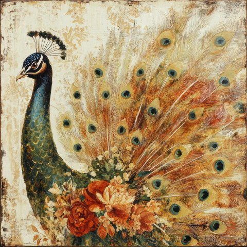 Peacock feathers elegantly fanned out in a textured decoupage paper collage