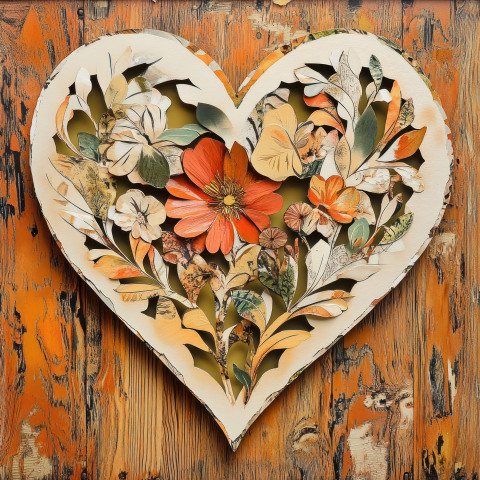 A heart cut out and decorated with delicate paper vines in an intricate decoupage paper design