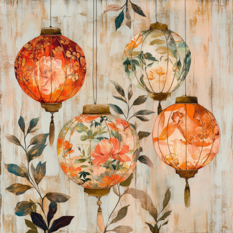 Glowing paper lanterns cut out and layered in a festive decoupage paper collage