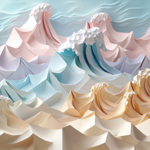 Origami waves crashing on a sandy shore