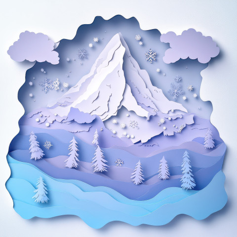 A layered mountain silhouette with floating clouds