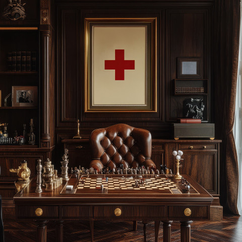 Doctor in a white coat with a red cross sign