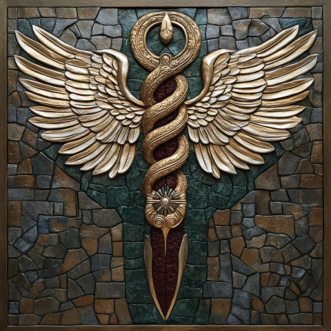 Caduceus symbol with wings in bas relief