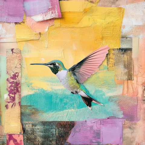 Layered collage hummingbird soaring with intricate paper textures