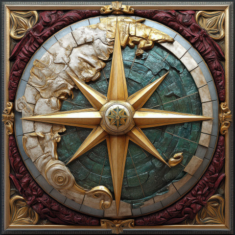 Globe with compass rose in bas relief