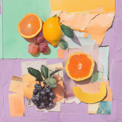 Vibrant fruit collage crafted from colorful magazine cutouts